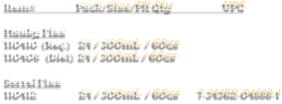Item#                   Pack/Size/Plt Qty                        UPC     Mauby Fizz 110410  (Reg.)    24 / 300mL  / 60cs  110408   (Diet)  24 / 300mL / 60cs     Sorrel Fizz 110412                    24 / 300mL  / 60cs         7-34362-04888-1