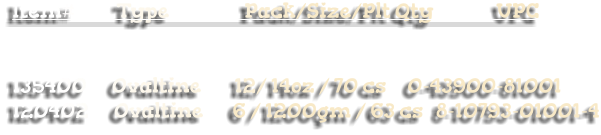 Item#          Type                  Pack/Size/Plt Qty               UPC      135400      Ovaltine        12/ 14oz / 70 cs     0-43900-81001  120402      Ovaltine       6 / 1200gm / 63 cs   8-10793-01001-4