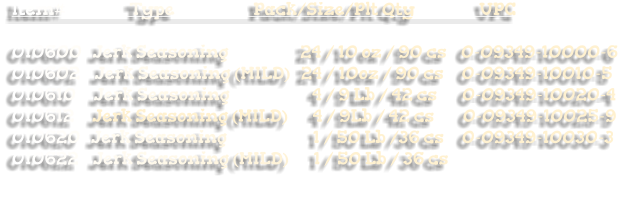 Item#                  Type                      Pack/Size/Plt Qty                  UPC  010600   Jerk Seasoning                    24 / 10 oz / 90 cs    0-09349-10000-6 010602    Jerk Seasoning (MILD)   24 / 10oz / 90 cs     0-09349-10010-5 010610     Jerk Seasoning                       4 / 9 Lb / 42 cs       0-09349-10020-4 010612     Jerk Seasoning (MILD)       4 / 9Lb / 42 cs        0-09349-10025-9 010620   Jerk Seasoning                        1 / 50 Lb /36 cs     0-09349-10030-3 010622    Jerk Seasoning (MILD)       1 / 50 Lb / 36 cs