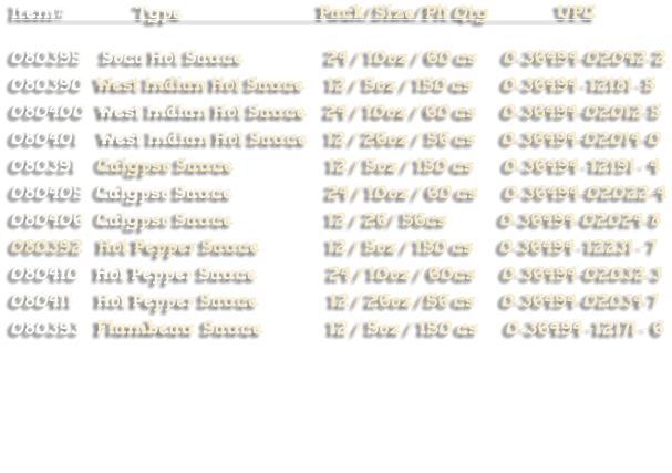 Item#                  Type                                    Pack/Size/Plt Qty                  UPC  080395     Soca Hot Sauce                      24 / 10oz / 60 cs       0-36494-02042-2 080390   West Indian Hot Sauce      12 / 5oz / 150 cs        0-36494 -12181 -5   080400   West Indian Hot Sauce     24 / 10oz / 60 cs       0-36494-02012-5 080401     West Indian Hot Sauce     12 / 26oz / 56 cs       0-36494-02014-0 080391     Calypso Sauce                         12 / 5oz / 150 cs        0-36494 -12191 - 4 080405   Calypso Sauce                         24 / 10oz / 60 cs       0-36494-02022-4 080406   Calypso Sauce                         12 / 26/ 56cs              0-36494-02024-8 080392    Hot Pepper Sauce                  12 / 5oz / 150 cs       0-36494 -12231 - 7    080410    Hot Pepper Sauce                   24 / 10oz / 60cs       0-36494-02032-3 080411      Hot Pepper Sauce                   12 / 26oz /56 cs       0-36494-02034-7 080393    Flambeau  Sauce                 12 / 5oz / 150 cs       0-36494 -12171 - 6