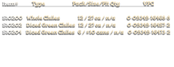 Item#             Type                          Pack/Size/Plt Qty                      UPC  510200    Whole Chiles                 12 / 27 oz / n/a           0-09349-16468-8 510202    Diced Green Chiles   12 / 27 oz / n/a           0-09349-16457-2   510204    Diced Green Chiles   6 / #10 cans / n/a    0-09349-16473-2