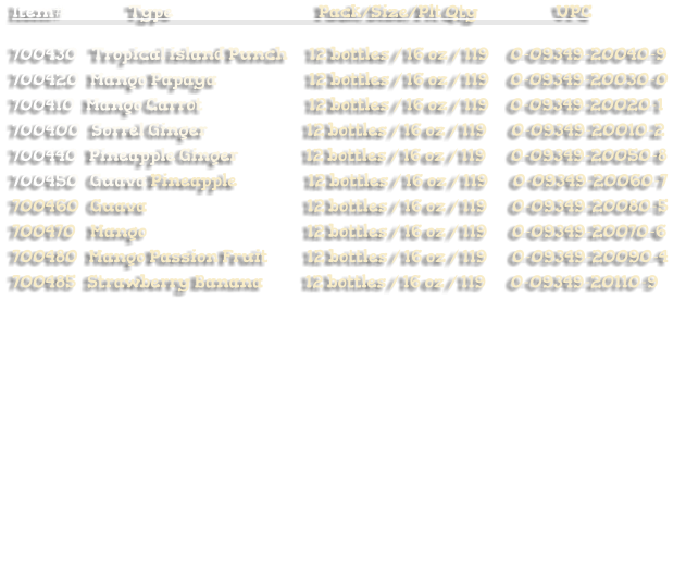 Item#                  Type                                         Pack/Size/Plt Qty                      UPC  700430    Tropical island Punch      12 bottles / 16 oz / 119      0-09349-20040-9    700420   Mango Papaya                          12 bottles / 16 oz / 119      0-09349-20030-0   700410   Mango Carrot                              12 bottles / 16 oz / 119      0-09349-20020-1  700400   Sorrel Ginger                            12 bottles / 16 oz / 119       0-09349-20010-2  700440   Pineapple Ginger                   12 bottles / 16 oz / 119       0-09349-20050-8  700450   Guava Pineapple                    12 bottles / 16 oz / 119       0-09349-20060-7 700460   Guava            			  12 bottles / 16 oz / 119       0-09349-20080-5     700470    Mango				  12 bottles / 16 oz / 119       0-09349-20070-6 700480   Mango Passion Fruit	  12 bottles / 16 oz / 119       0-09349-20090-4 700485   Strawberry Banana            12 bottles / 16 oz / 119       0-09349-20110-9